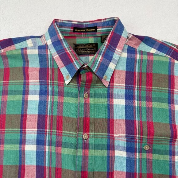 VTG 1980s Eddie Bauer Superior Madras Plaid Button Up Shirt SS Mens XL Preppy - Picture 2 of 13